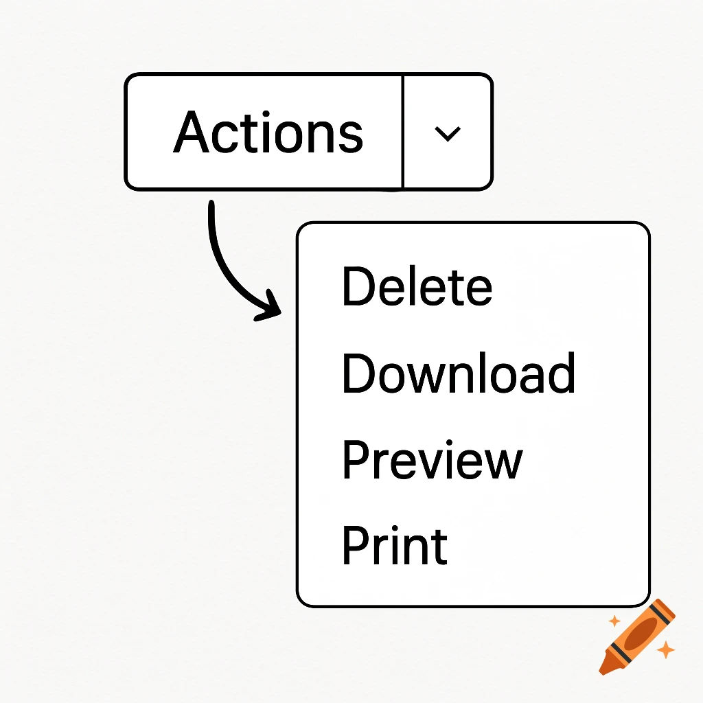 A UI button labeled Actions with an open dropdown menu listing Delete, Download, Preview, and Print, connected by an arrow.