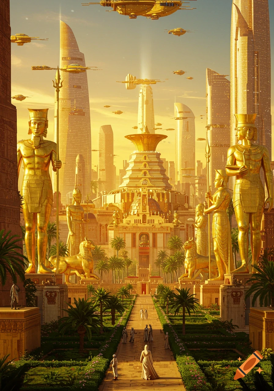 A vibrant golden futuristic city blending ancient Egyptian architecture with sleek modern towers and flying vehicles under a bright sky.