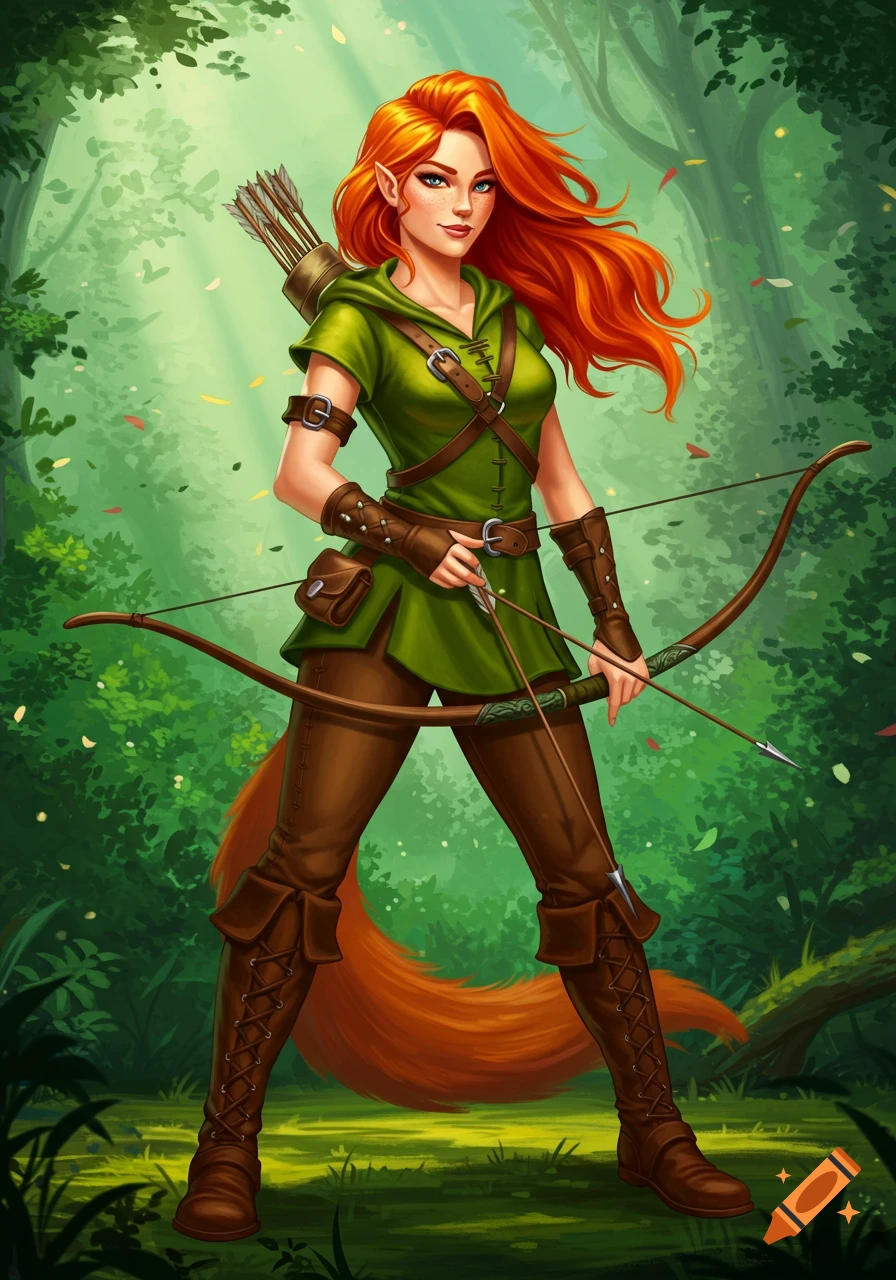 Female archer with red hair and fox tail in a forest