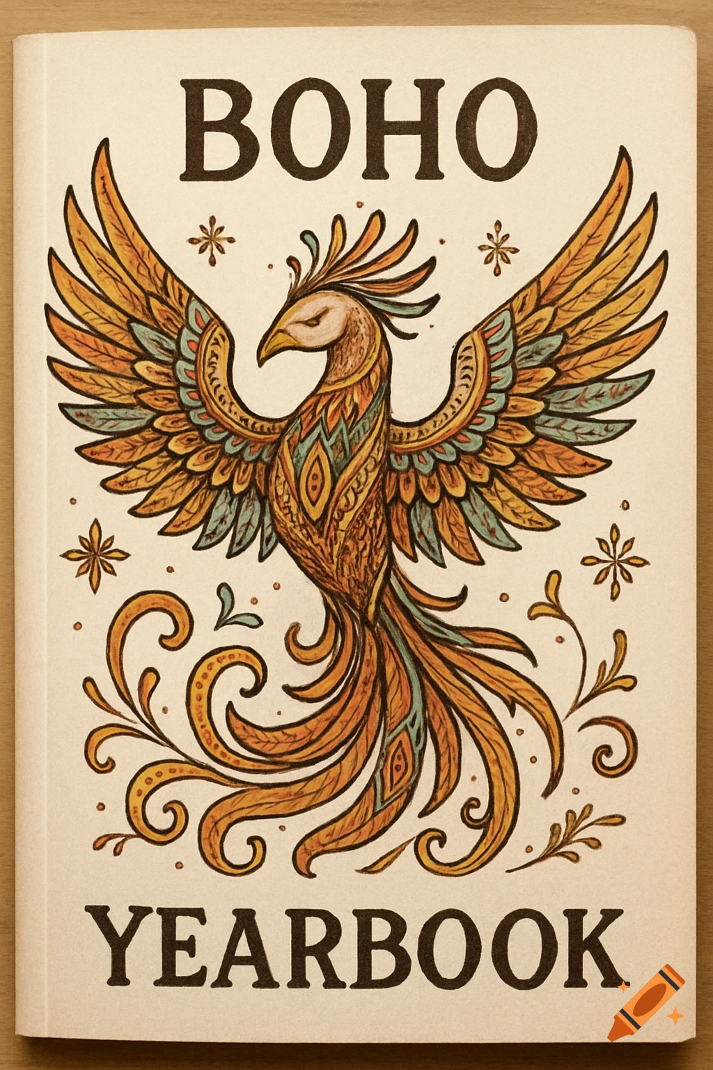 Illustrated boho phoenix on a yearbook cover