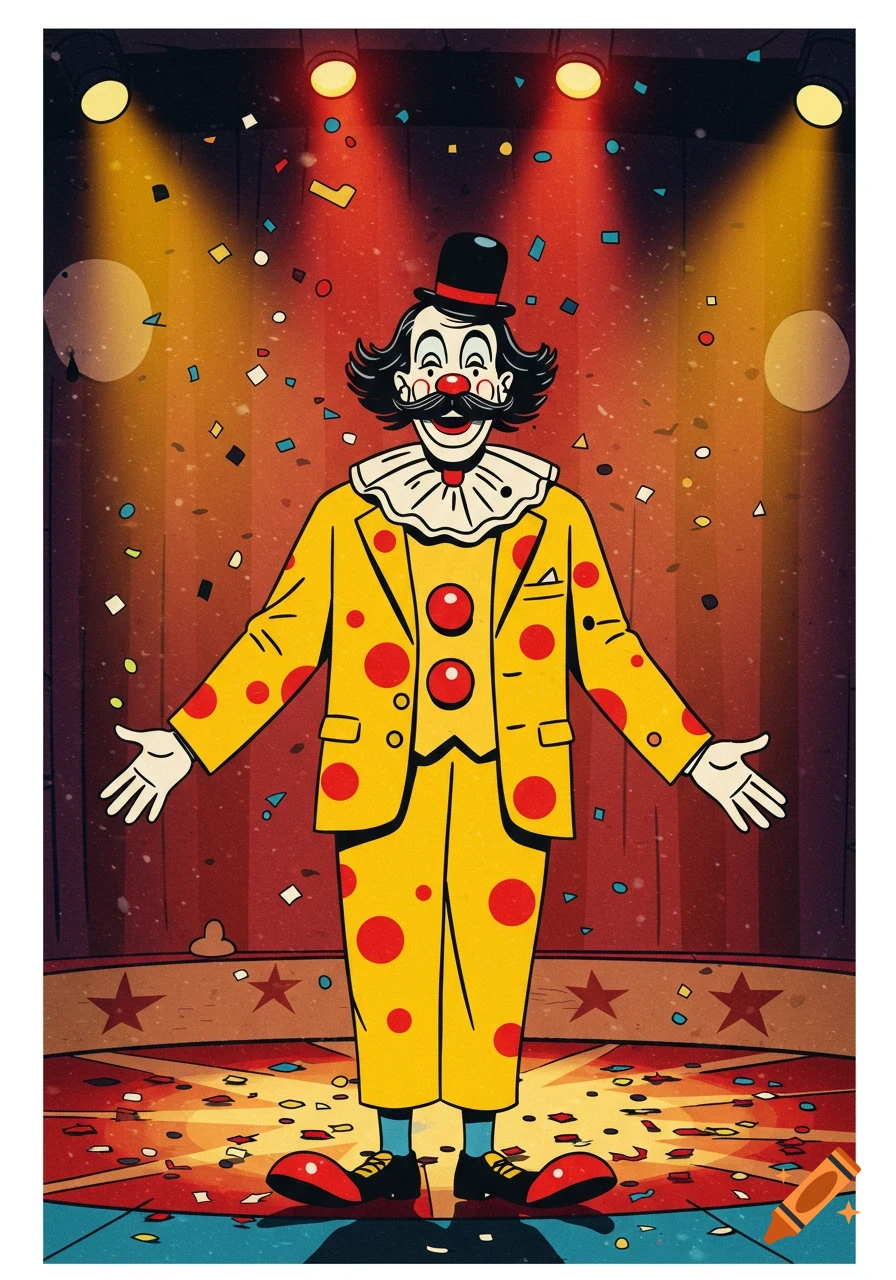 Comic book style illustration of a clown in a yellow suit with red polka dots on a stage with confetti