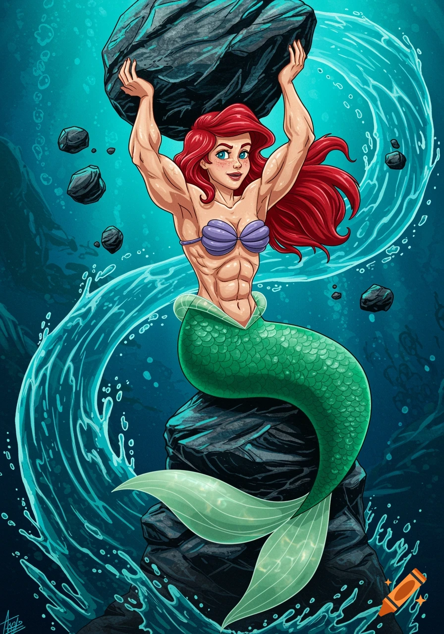 Muscular Ariel the mermaid holding a large rock over her head underwater illustration