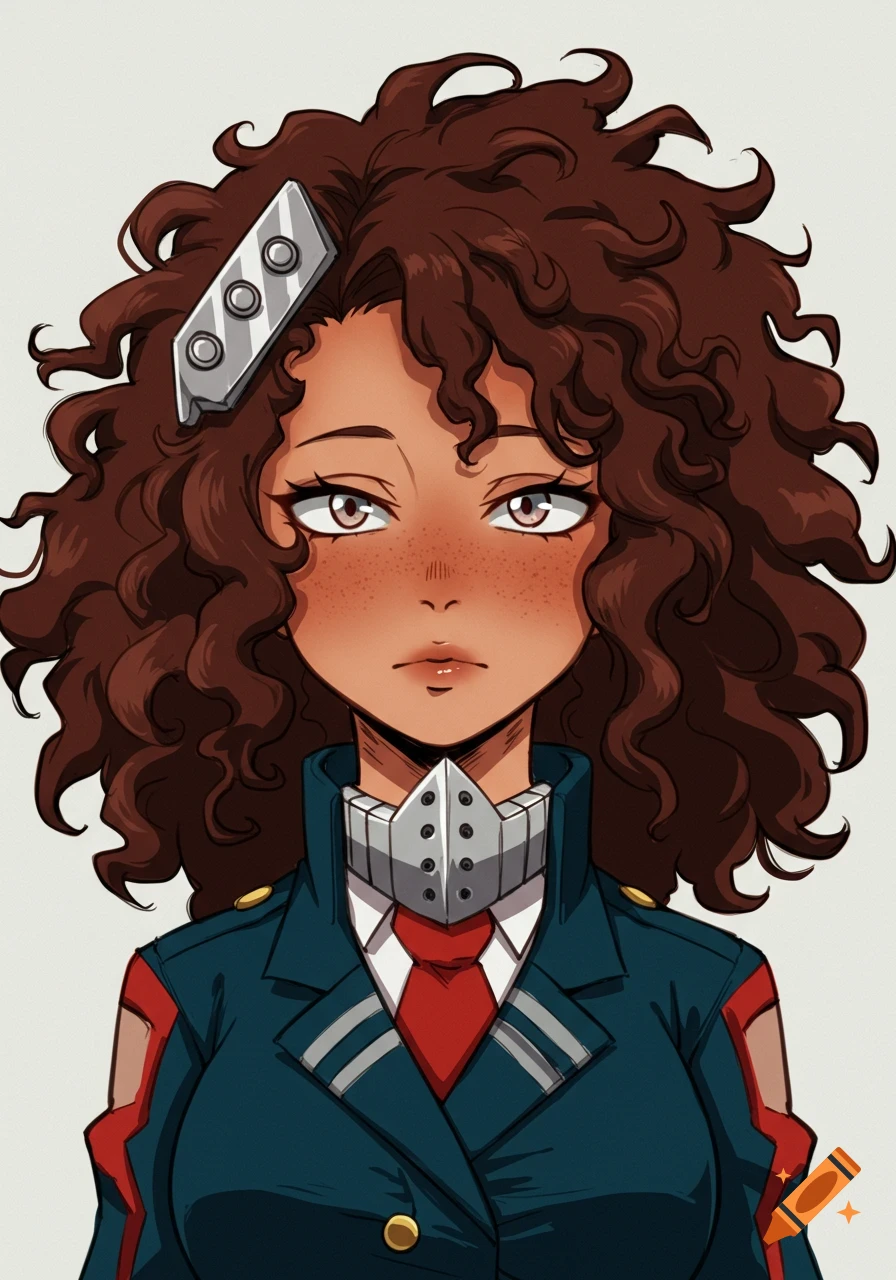 Anime portrait of a character with curly brown hair, grey eyes, freckles, and a school uniform with a mask around the neck.