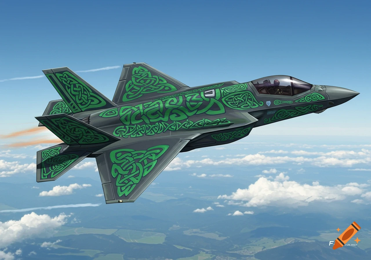 Illustration of an F35 jet with green Celtic knotwork flying above a landscape.