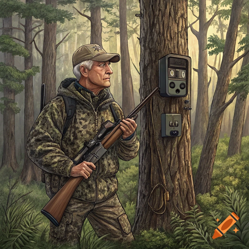 Man in camouflage holding rifle next to trail camera on tree in forest