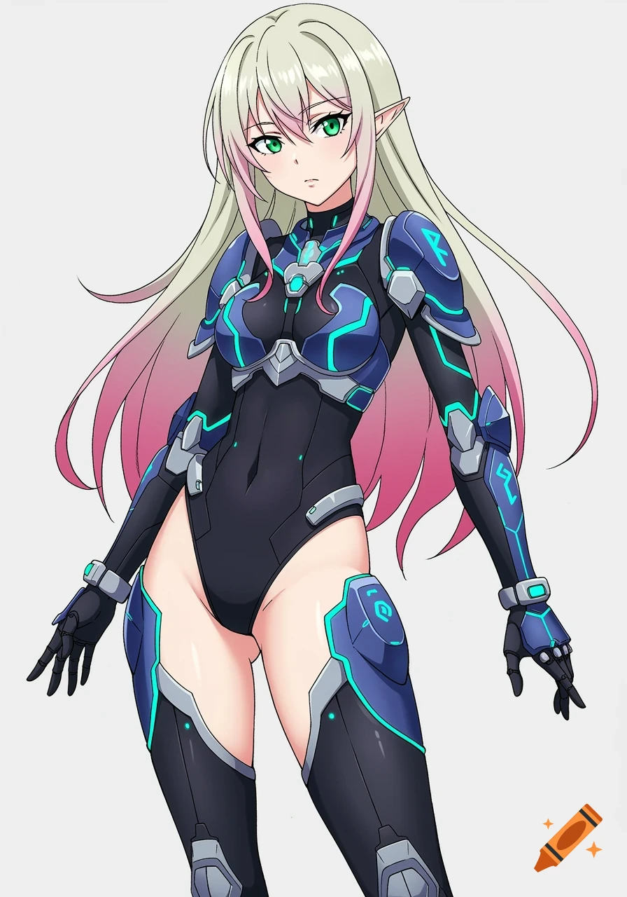 Anime style half-elf girl in blue and silver futuristic armor over a black bodysuit.