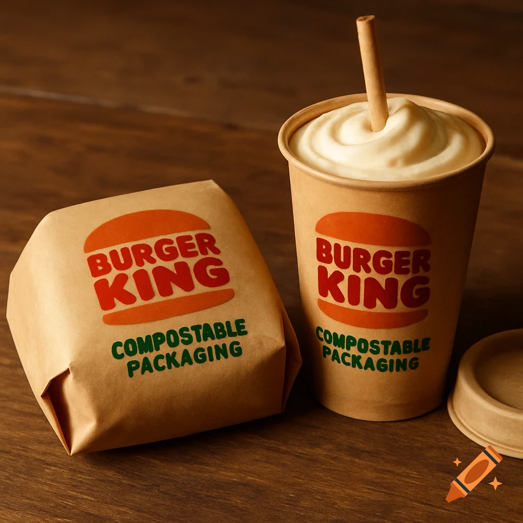 Burger King compostable packaging for a burger and milkshake on a wooden table.