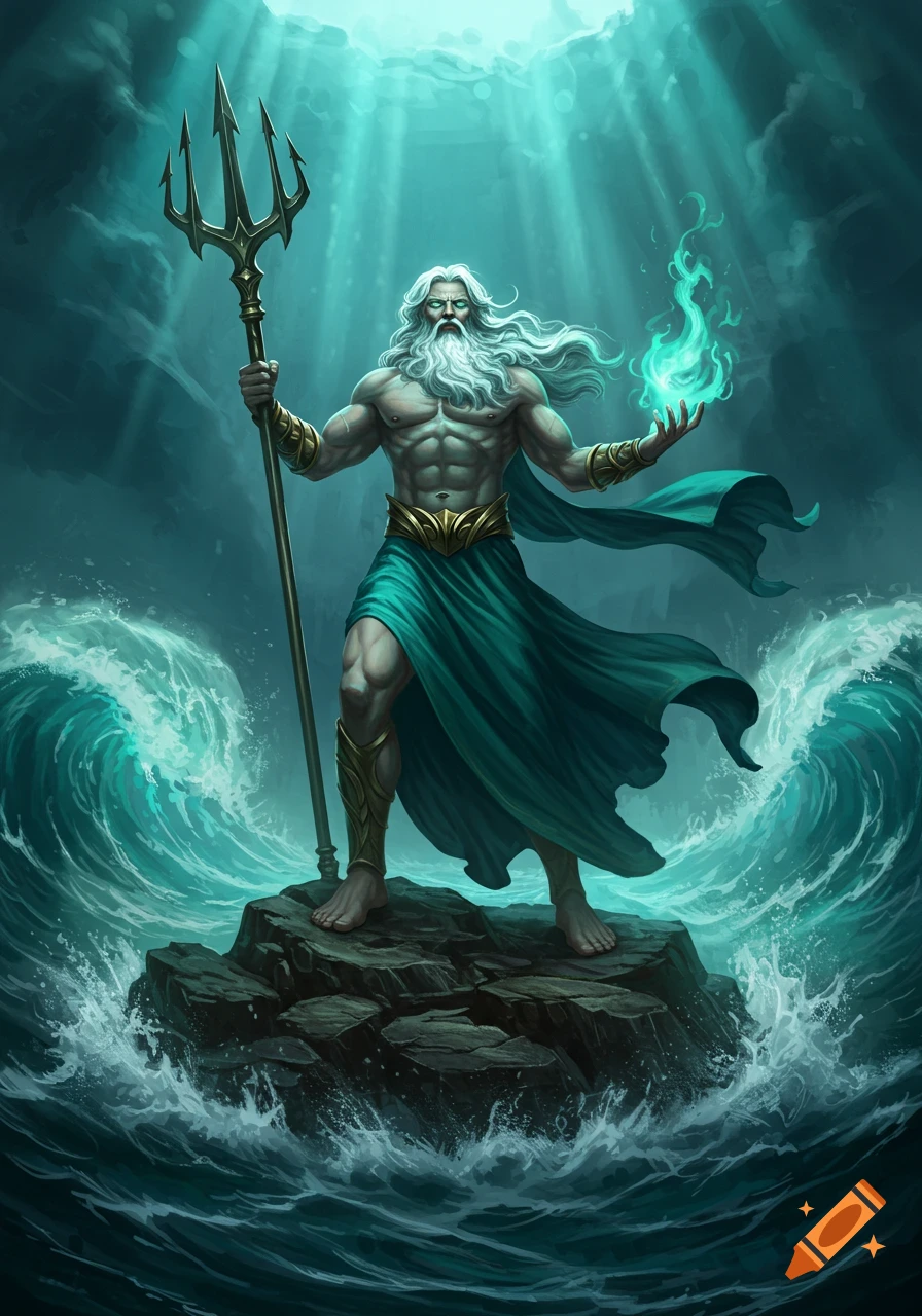 Illustration of Poseidon, Greek god of the sea, standing on a rock with ...