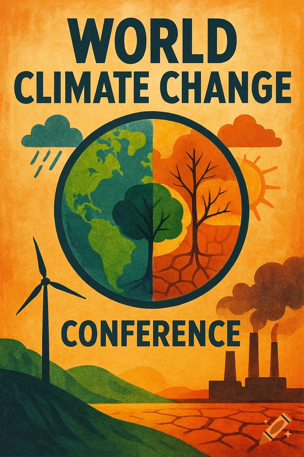Poster for the World Climate Change Conference depicting a healthy vs. degraded environment split globe.
