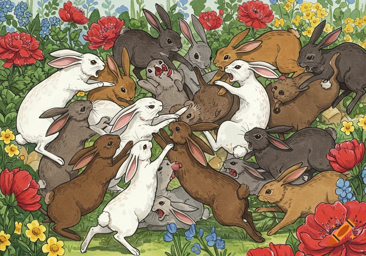 An illustration of many bunnies fighting amongst red and yellow flowers and green leaves.