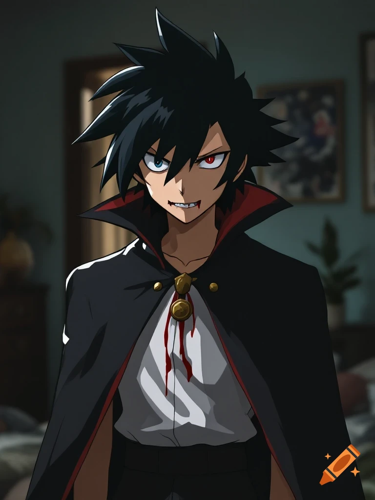 Anime character dressed as a vampire with fangs and dripping blood, wearing a black cape with a tall collar in a room.