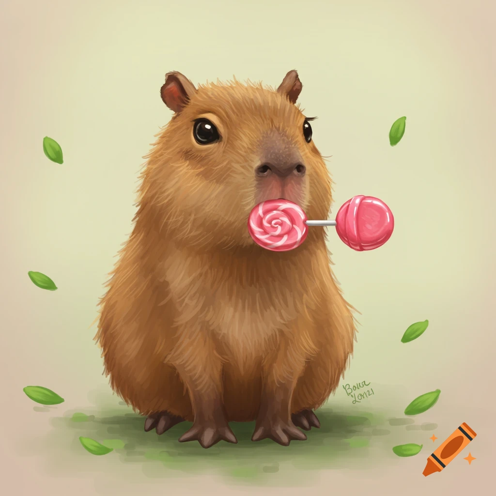 Illustration of a cute fluffy capybara sitting and licking a pink lollipop.