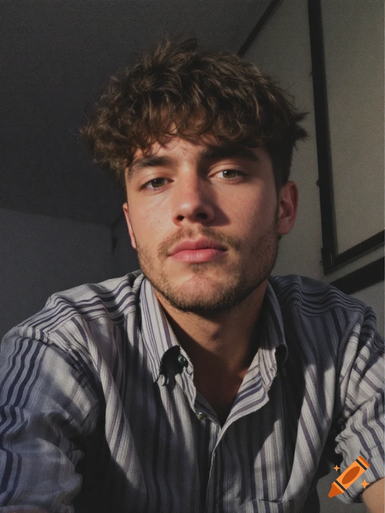 A portrait of a young man with curly brown hair and beard, wearing a striped shirt, lit by sunlight.