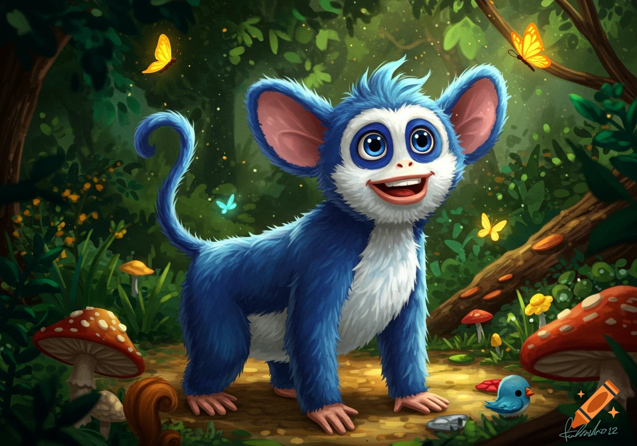 A cute blue and white fantasy creature in a magical forest with butterflies and mushrooms. Illustration.