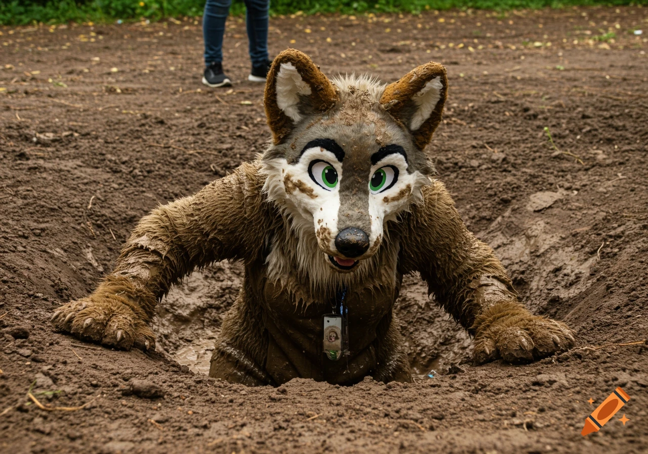 A muddy wolf fursuit covered in mud climbs out of a pit in the ground.
