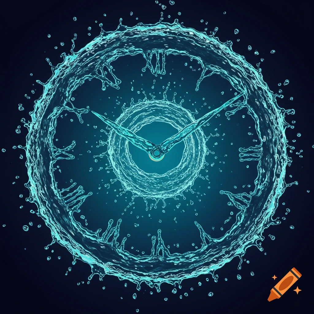 Clock face and hands made of splashing blue water against a dark background.