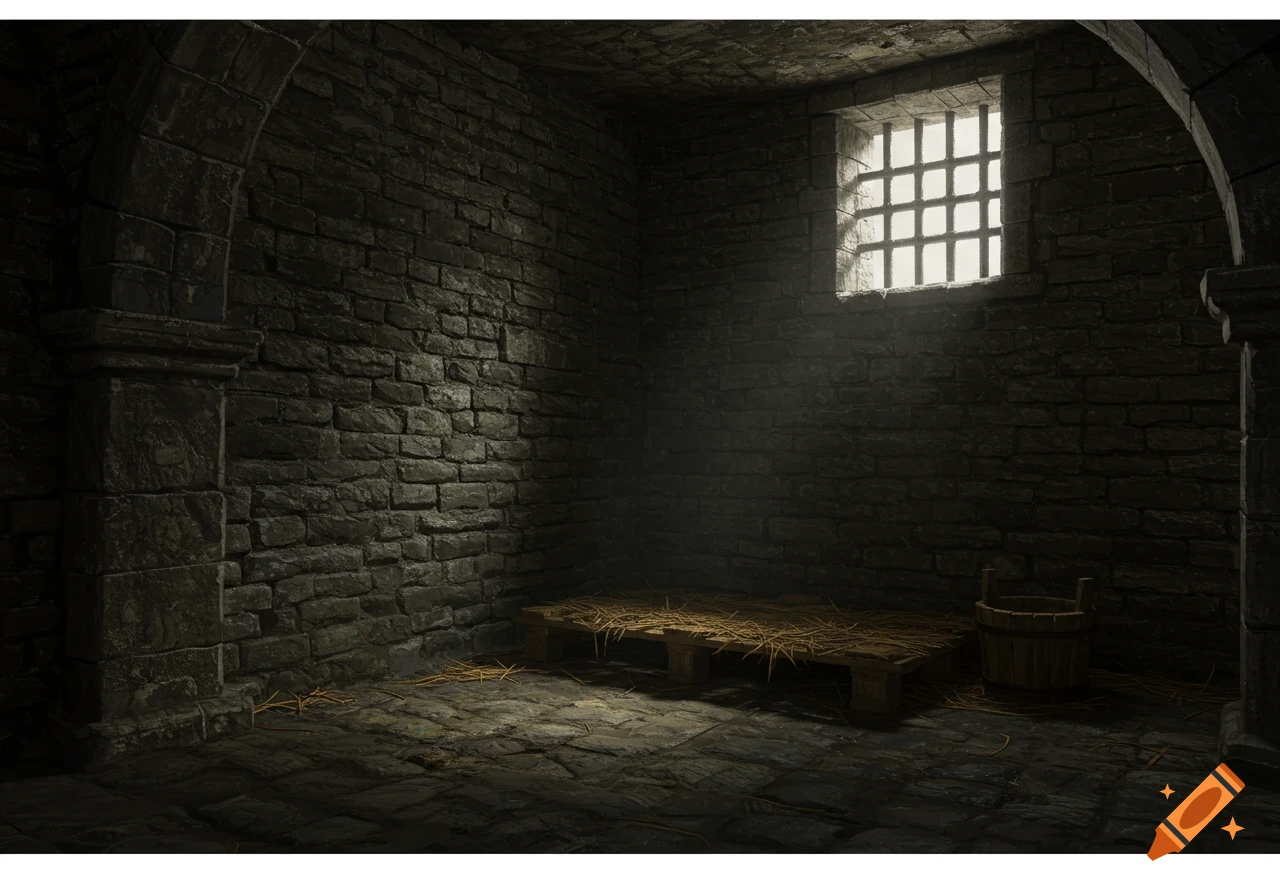 Dark medieval stone dungeon cell with a barred window, straw bed, and bucket.