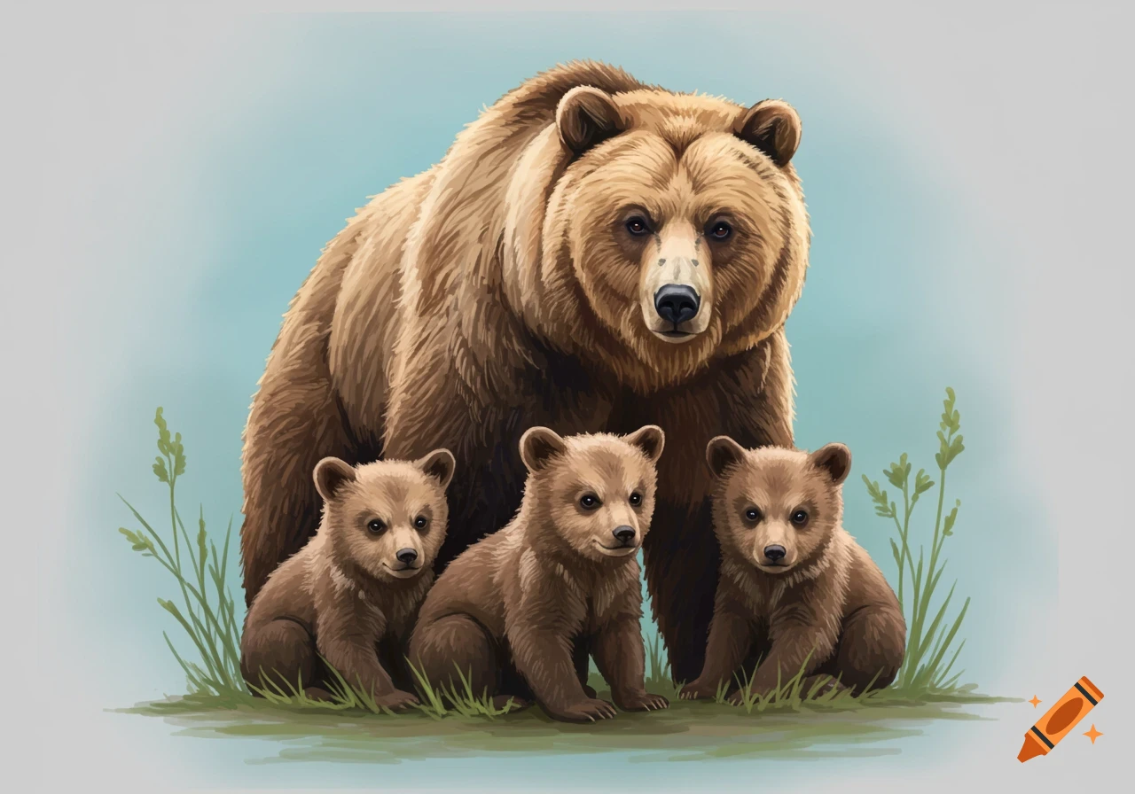 Illustration of a mother bear with three cubs sitting in the grass