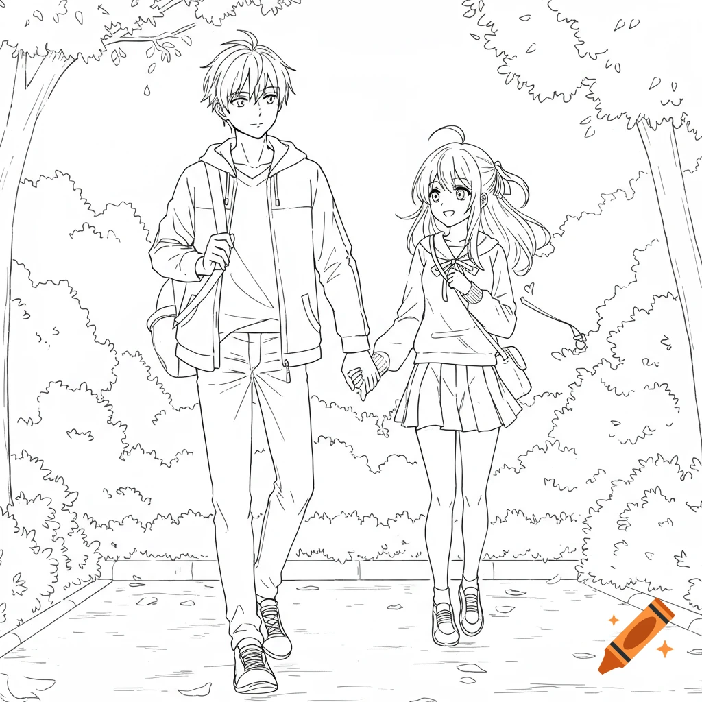 Anime line art of a boy and girl holding hands while walking outdoors. on  Craiyon, image size:1024x1024