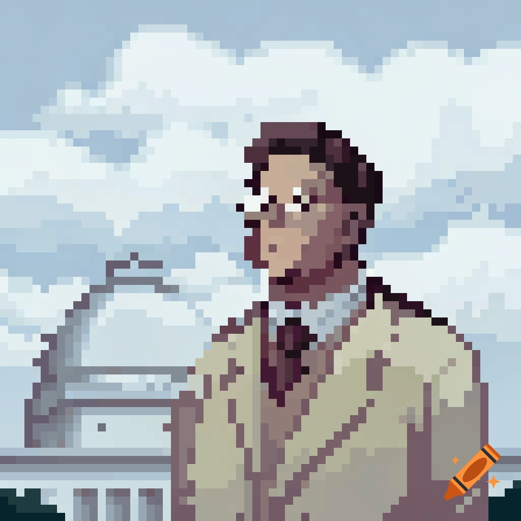Pixel art portrait of a man in a suit and glasses, looking left, with a building in the background.