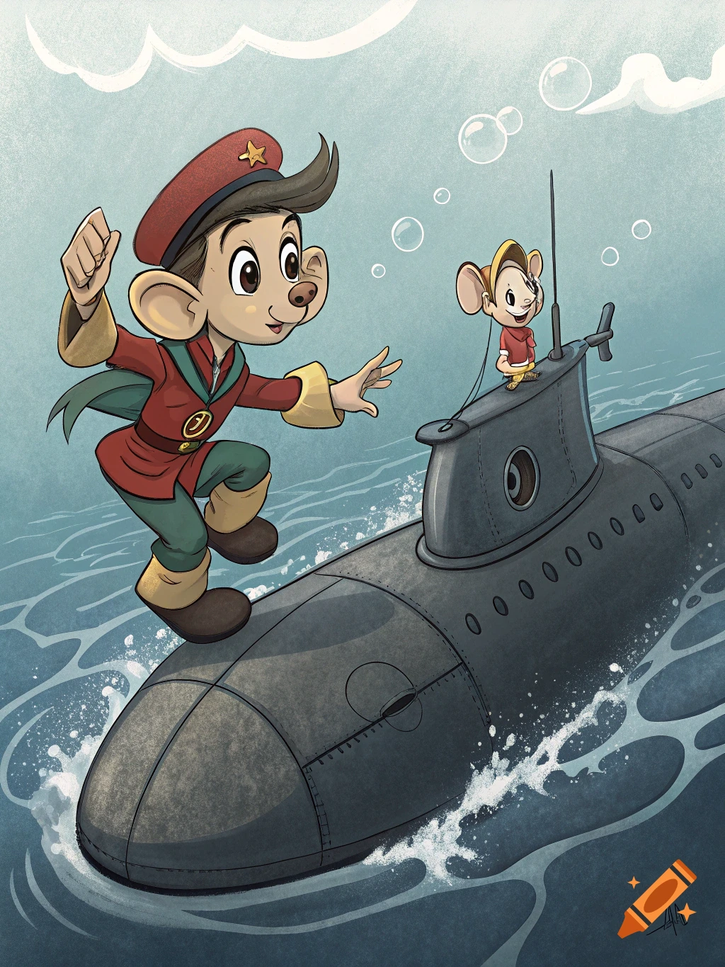 A cartoon mouse-like character in a red uniform stands on the bow of a submarine, while a smaller character sits on the sail.