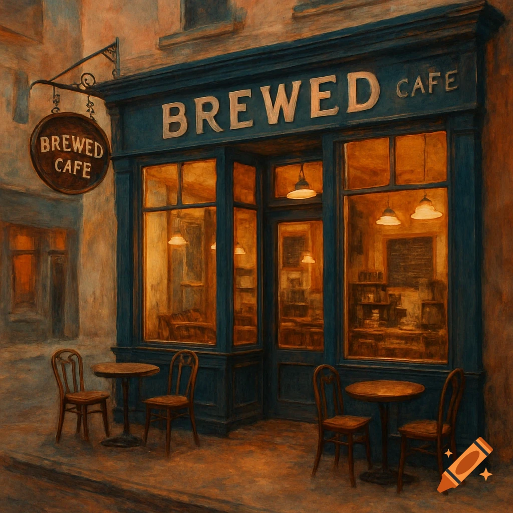 Painterly illustration of a cafe exterior with tables and chairs on the sidewalk and the sign "BREWED CAFE".