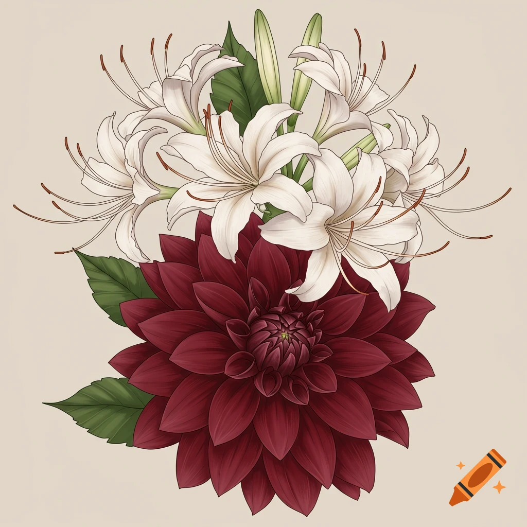 Illustration of white spider lilies above a dark red dahlia, in a tattoo design style.