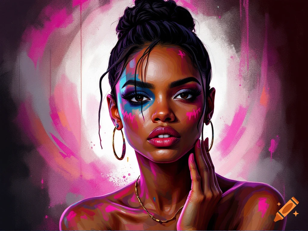 Vibrant stylized portrait of a woman with bold blue and pink makeup, dark bun, and gold jewelry against a colorful background.
