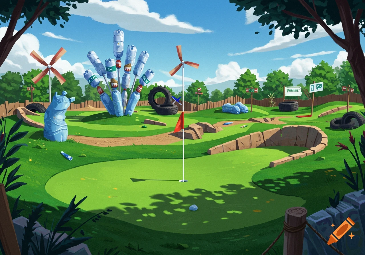 Cartoon illustration of a recycling themed mini golf course with water bottle sculptures and tire obstacles.