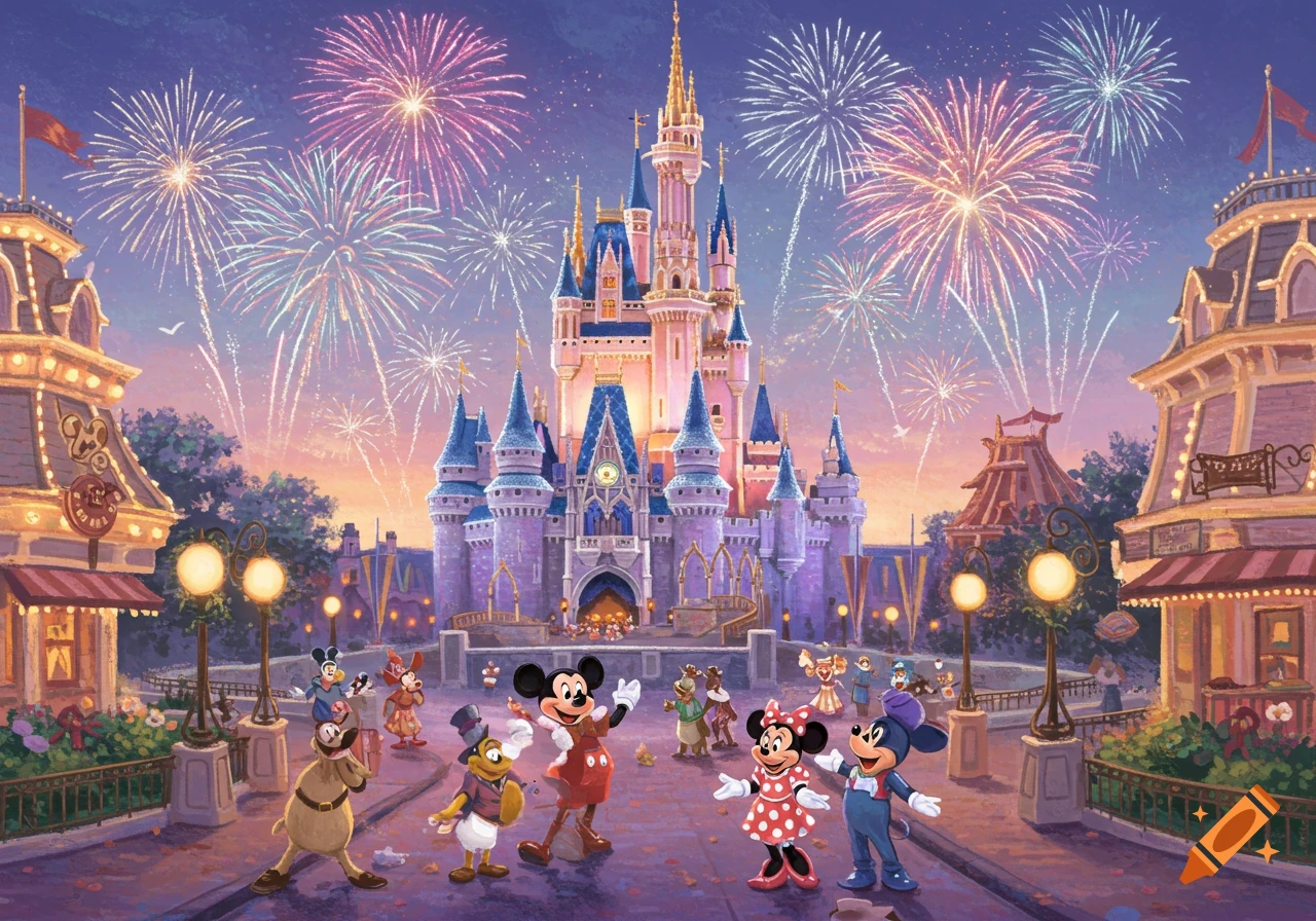 Mickey and Minnie Mouse with other Disney characters in front of a castle during a fireworks display in an illustration style.