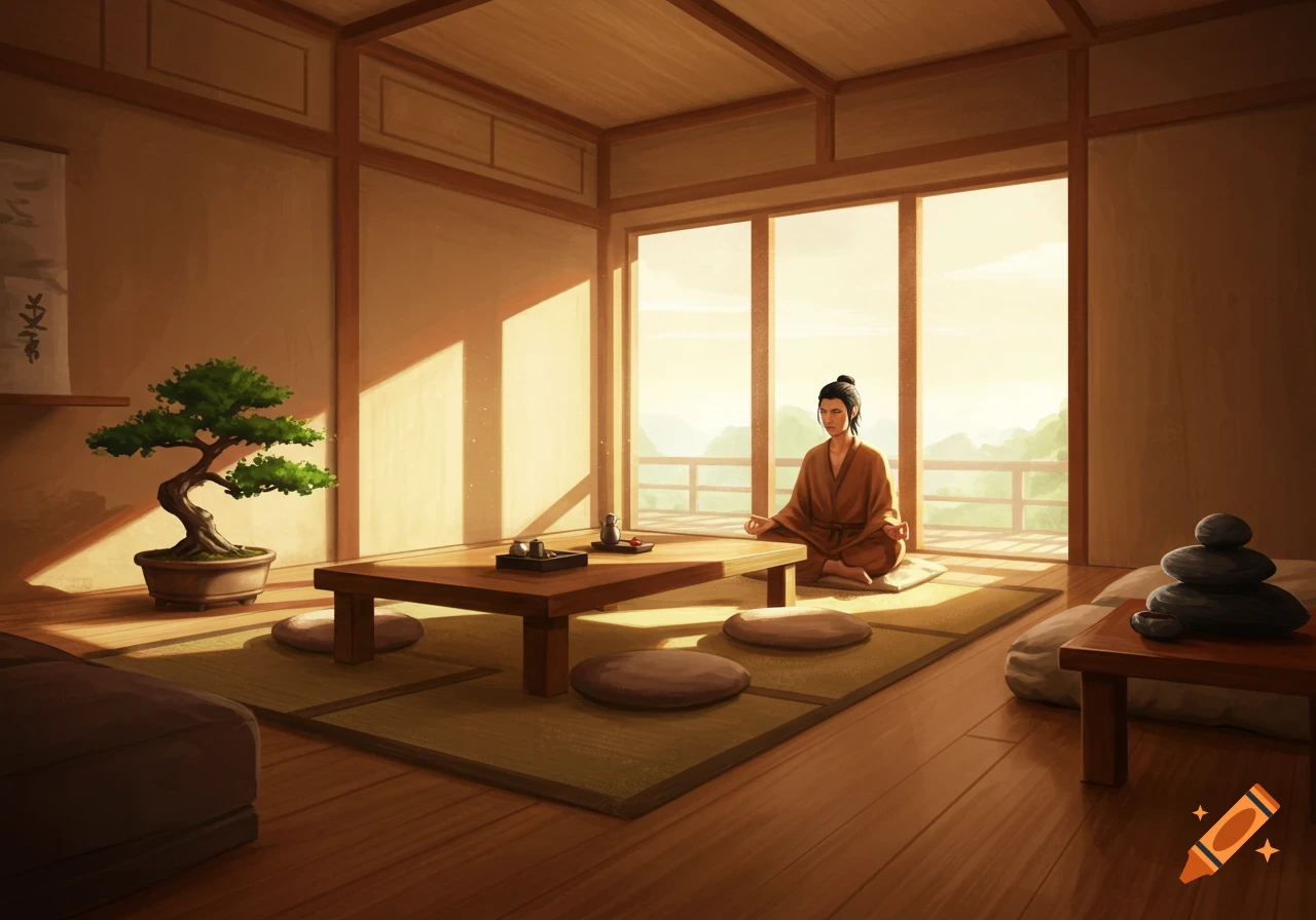 A person meditates in a Japanese room with a bonsai tree and scenic view.