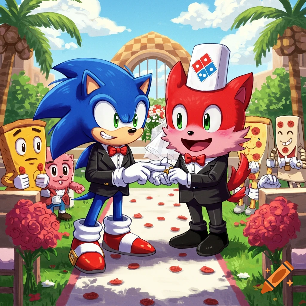 Sonic the Hedgehog and a red fox mascot character in tuxedos exchanging rings at a wedding, with pizza characters watching. Cartoon style.