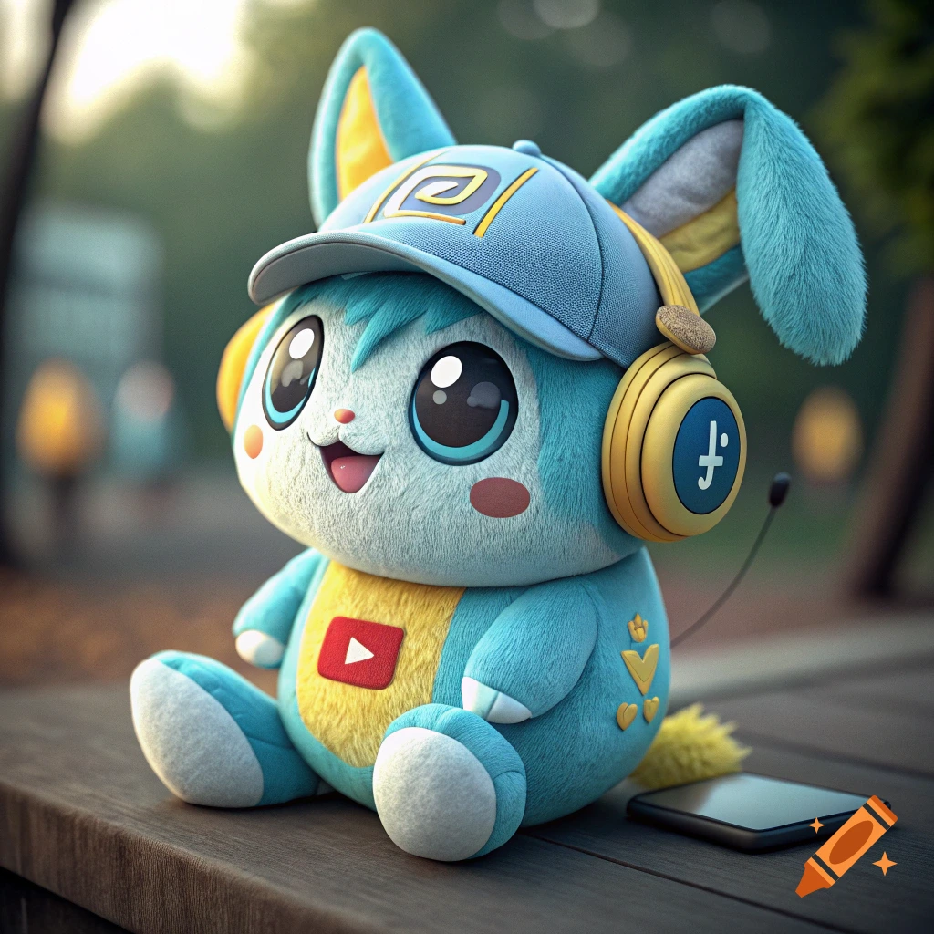 A cute blue and yellow plush toy bunny wearing headphones and a baseball cap, sitting on a bench next to a phone.