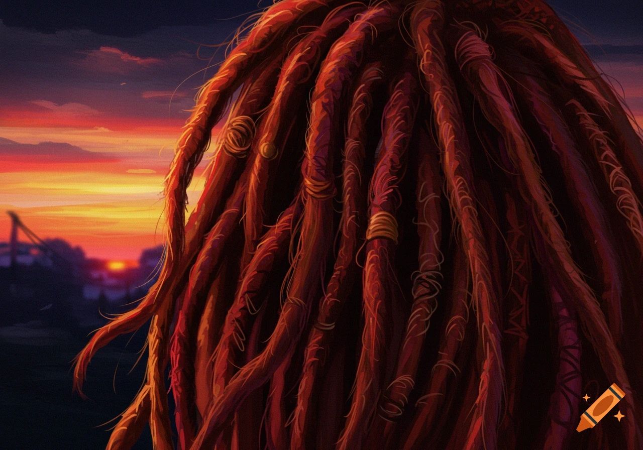 Close-up of red and brown dreadlocks with gold wraps against a vibrant sunset background.