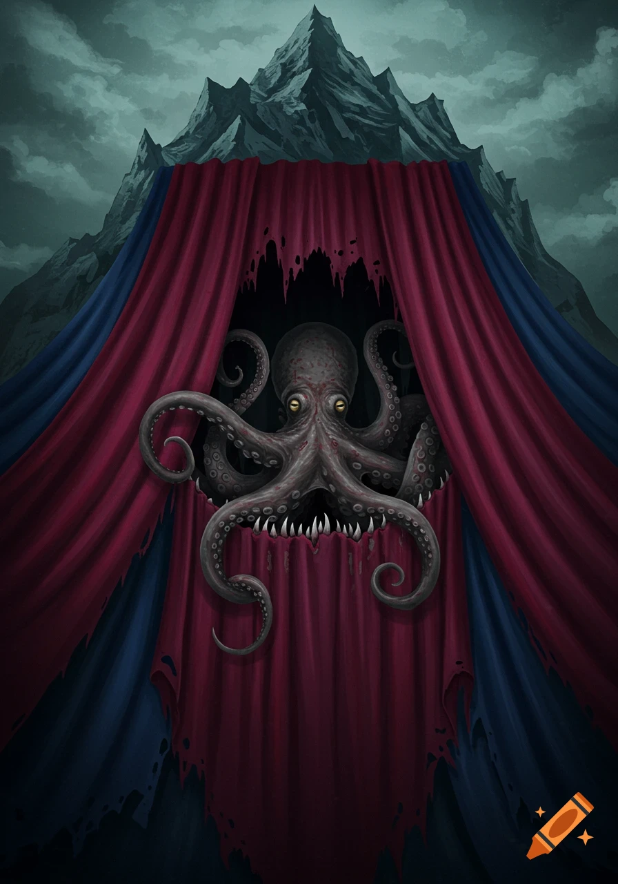 Horrific octopus emerges from torn drapes before dark mountains.