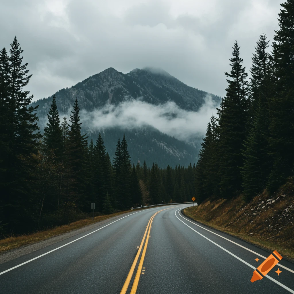 A highway curves through a dark forest towards a cloudy mountain on an overcast day.