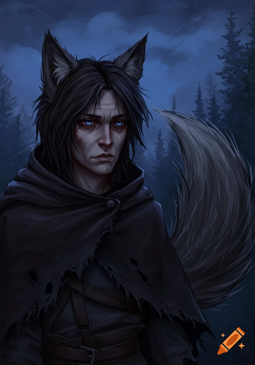 Portrait of a person with wolf ears and tail wearing a dark cloak in a forest.