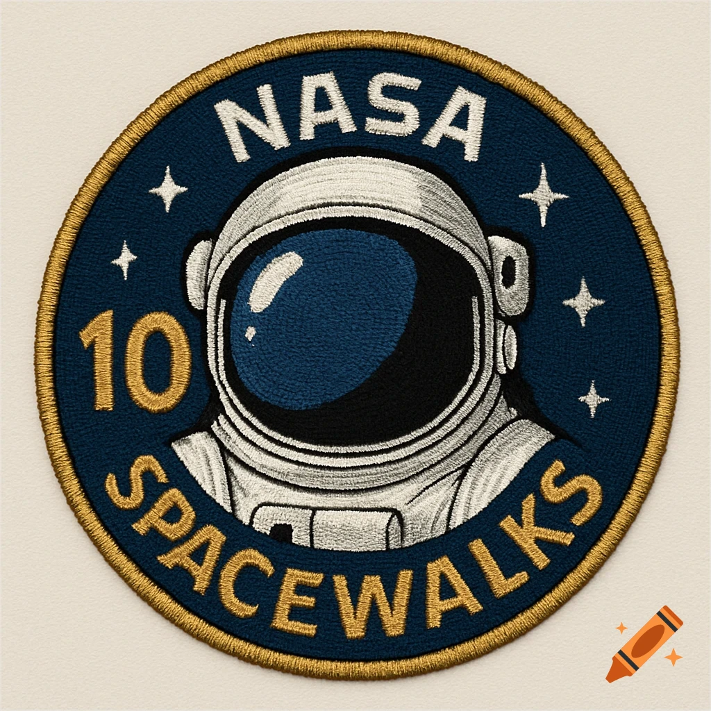 An embroidered patch featuring an astronaut helmet, the NASA logo, the number 10, and the word SPACEWALKS.
