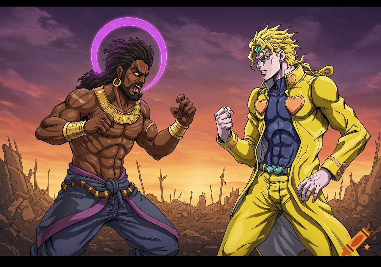Anime style illustration of a dark-skinned man with a halo facing off against a blonde man in a yellow coat in a ruined landscape at sunset.