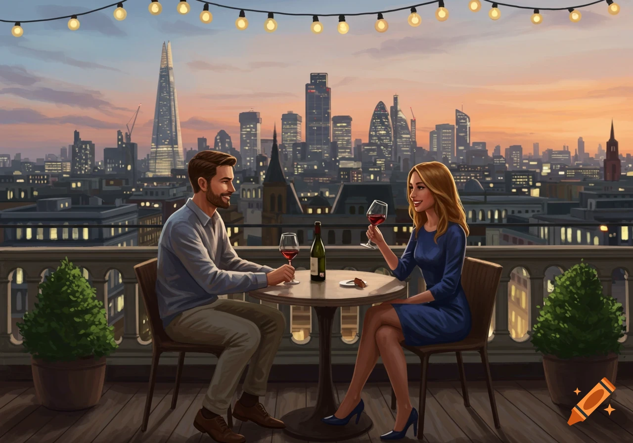A couple drinks wine on a rooftop terrace overlooking the London skyline at sunset.