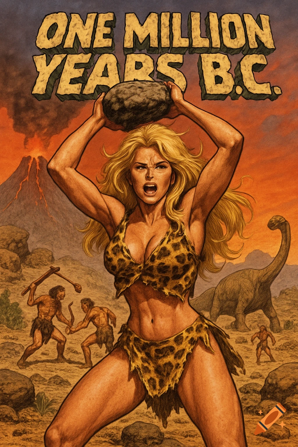 Comic book cover with cavewoman holding rock, dinosaurs, and volcano in prehistoric landscape.