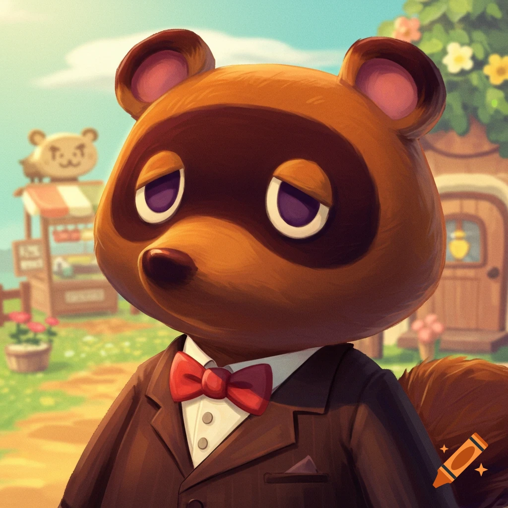 Illustration of Tom Nook from Animal Crossing in a suit and bow tie