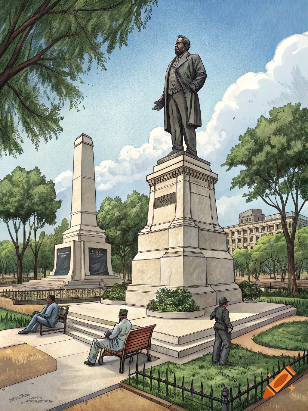 Illustration of a large statue monument and an obelisk in a park with people.