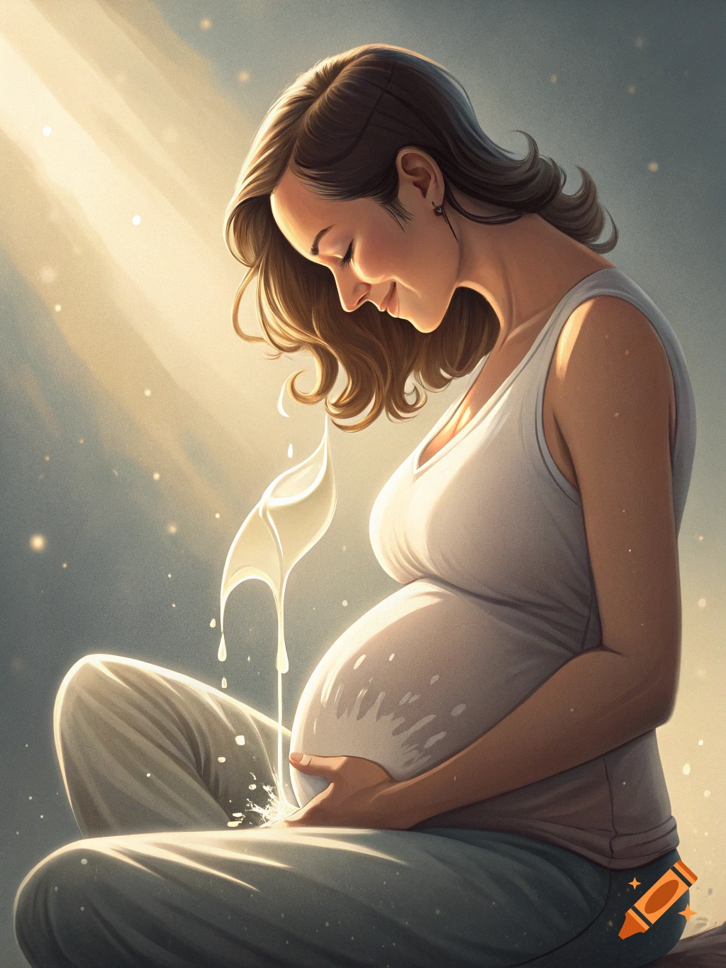 Artistic illustration of a pregnant woman sitting with milk leaking onto her belly