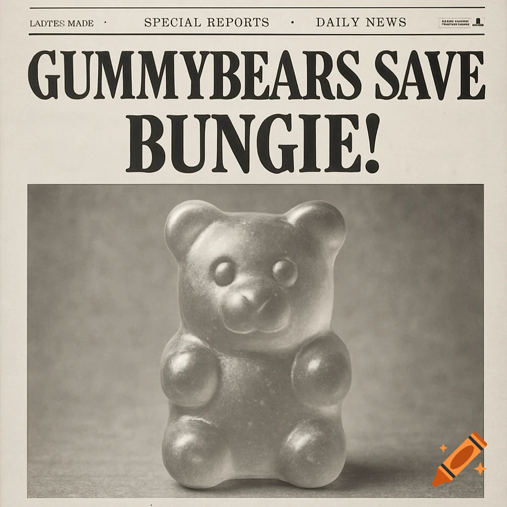 Black and white image of a newspaper front page with a close-up photo of a gummy bear.