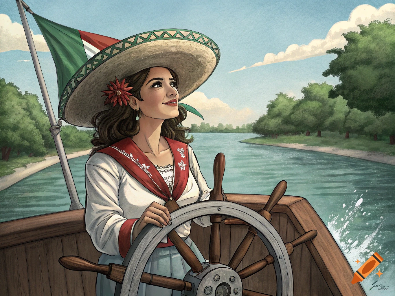 Illustration of a woman in a sombrero steering a boat on a river with a Mexican flag.