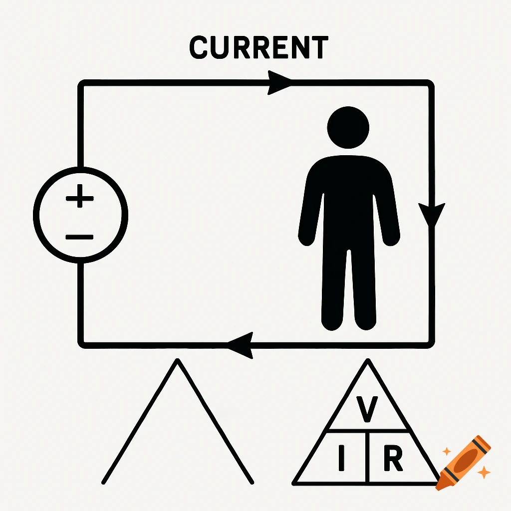 Diagram of a basic electric circuit with a human silhouette replacing the resistor symbol and an Ohm's Law triangle.
