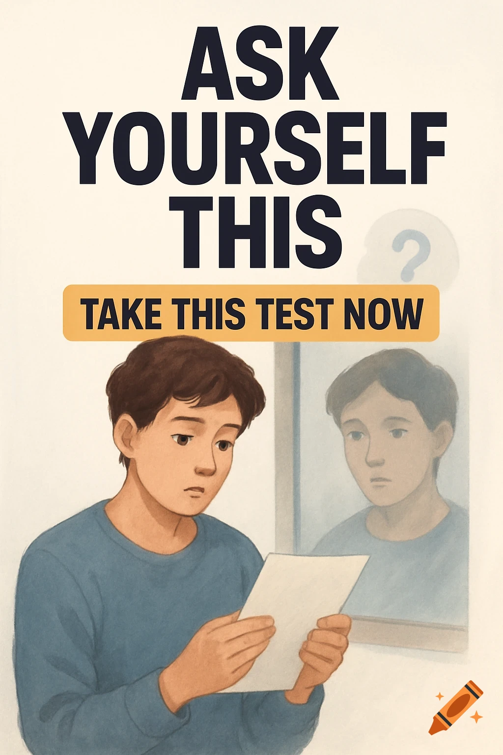 Illustration of a person looking at a paper or reflection with overlaid text: 'Ask Yourself This', 'Take This Test Now'.
