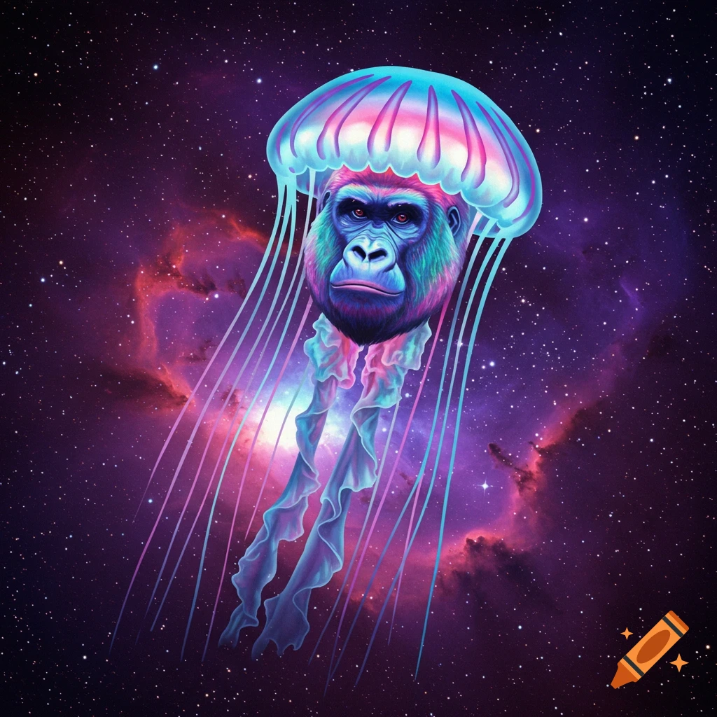 A surreal illustration of a gorilla head blended with a colorful jellyfish, floating in deep space with stars and nebulas.