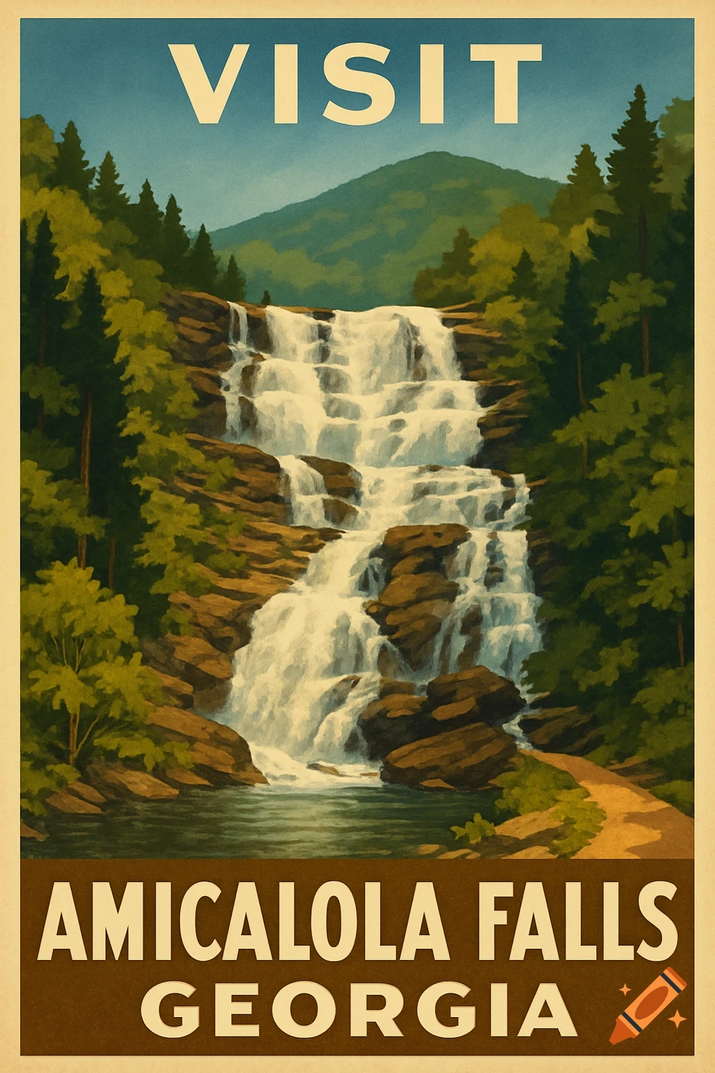 Vintage travel poster depicting a multi-tiered waterfall surrounded by trees and mountains, with text "VISIT AMICALOLA FALLS GEORGIA".